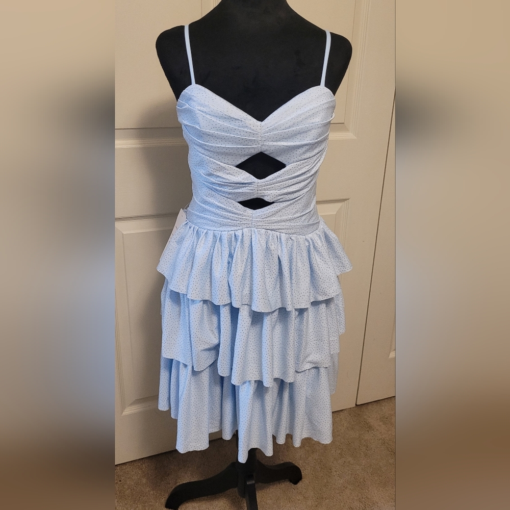 Light Blue & Silver Tiered Ruffled Cut Out Tie Back Dress Size 8
